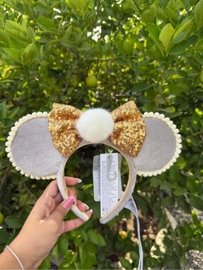 Gold Sequin Bow Mouse Ear Headband with Cream Pom